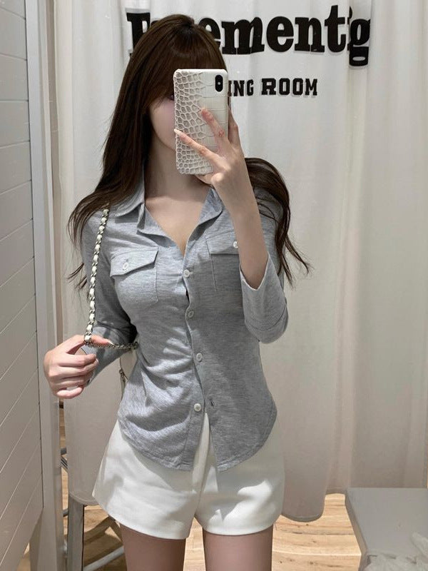 Temperament pure lust sexy lapel long sleeve shirt women's spring and summer slim waist shirt white cardigan top cross-border