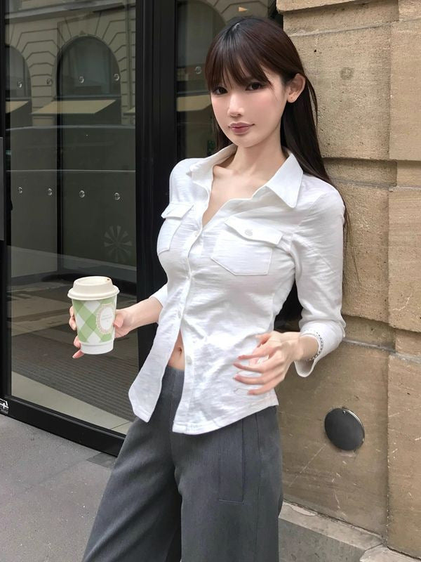 Temperament pure lust sexy lapel long sleeve shirt women's spring and summer slim waist shirt white cardigan top cross-border