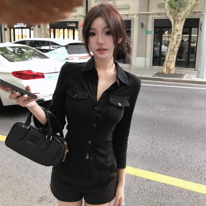 Temperament pure lust sexy lapel long sleeve shirt women's spring and summer slim waist shirt white cardigan top cross-border