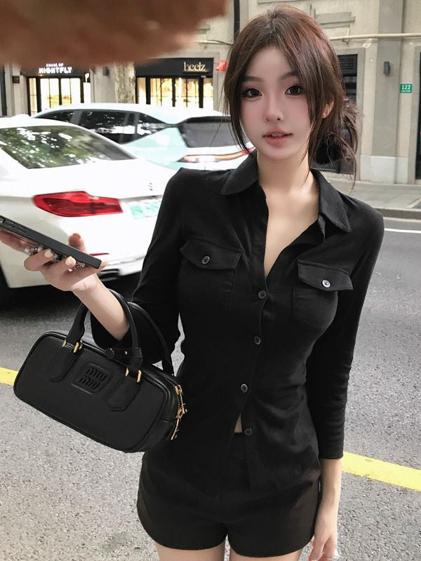 Temperament pure lust sexy lapel long sleeve shirt women's spring and summer slim waist shirt white cardigan top cross-border